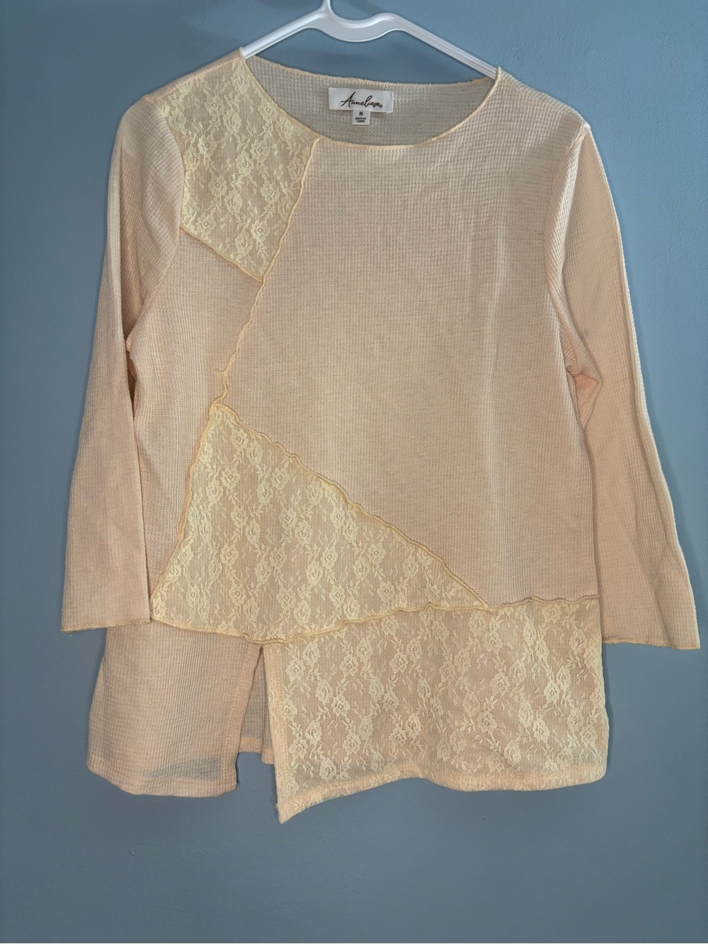 Anneliese Boho Lace Patchwork Top with Raw Edge Peach Size Medium Waffle Knit